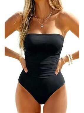 Black One Piece Swimsuit Tummy Control Strapless Halter Bandeau Slimming Swim